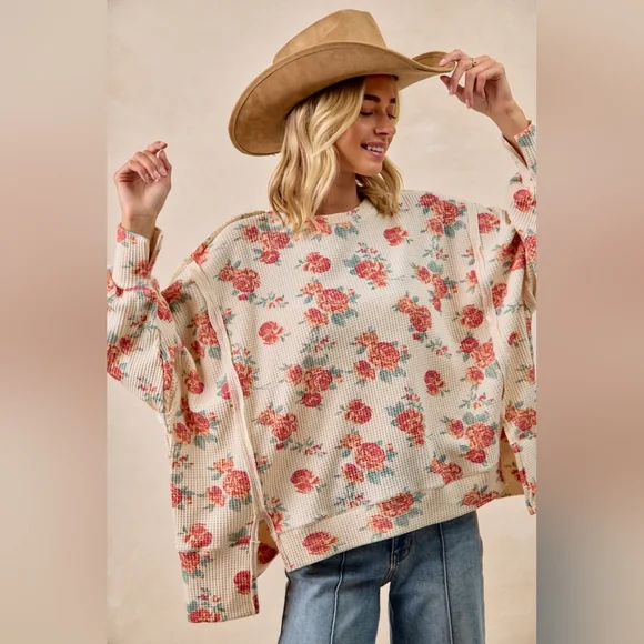 BiBi Floral Print Oversized Waffle Thermal Sweatshirt - Picture 5 of 10